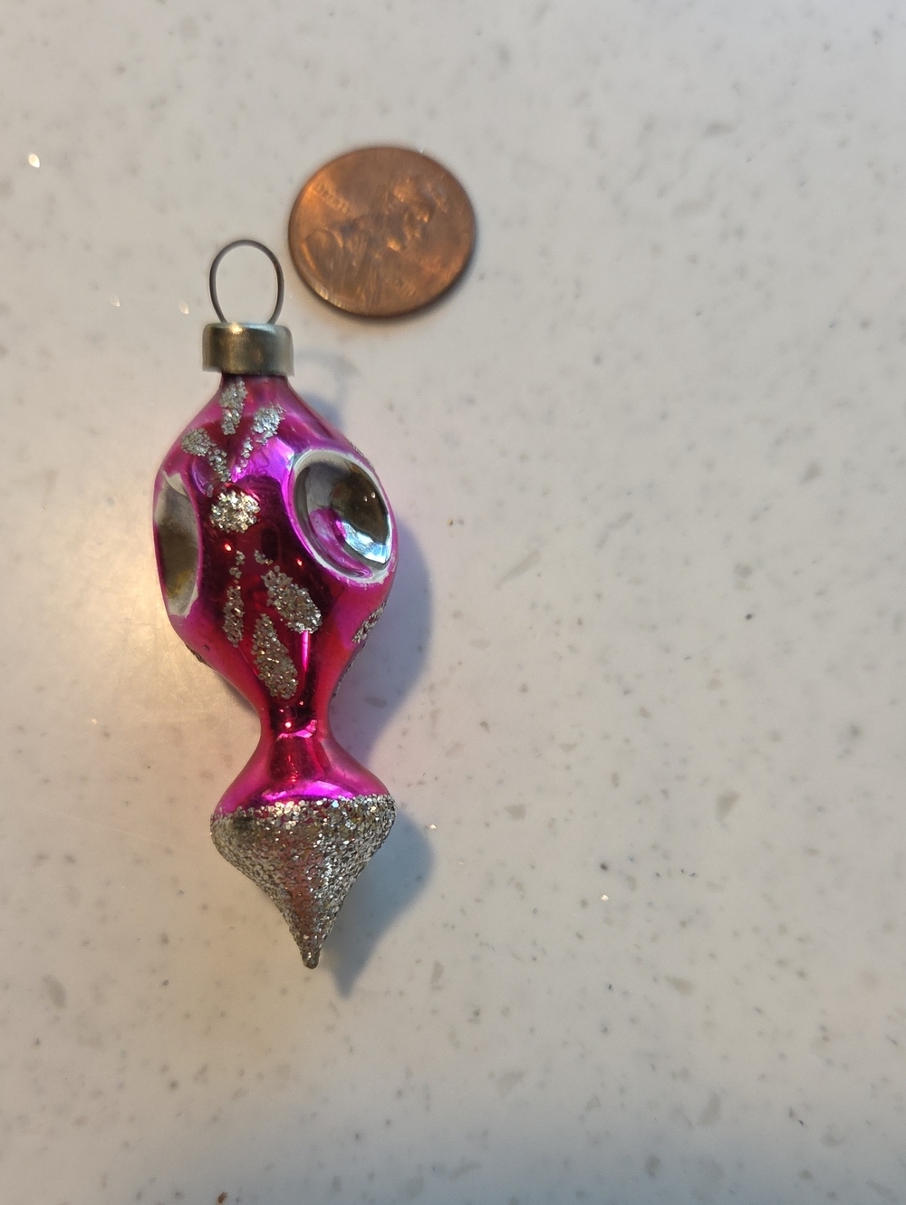 Vintage Pink Glass Holiday Mini Ornament with Silver Glitter